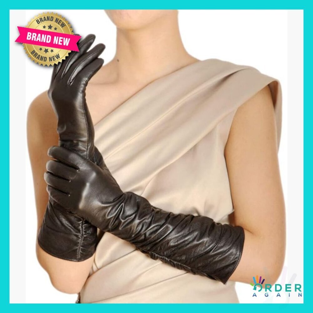 Leather Opera Length Gloves Fleece Lined Ruched Elbow Evening Dress